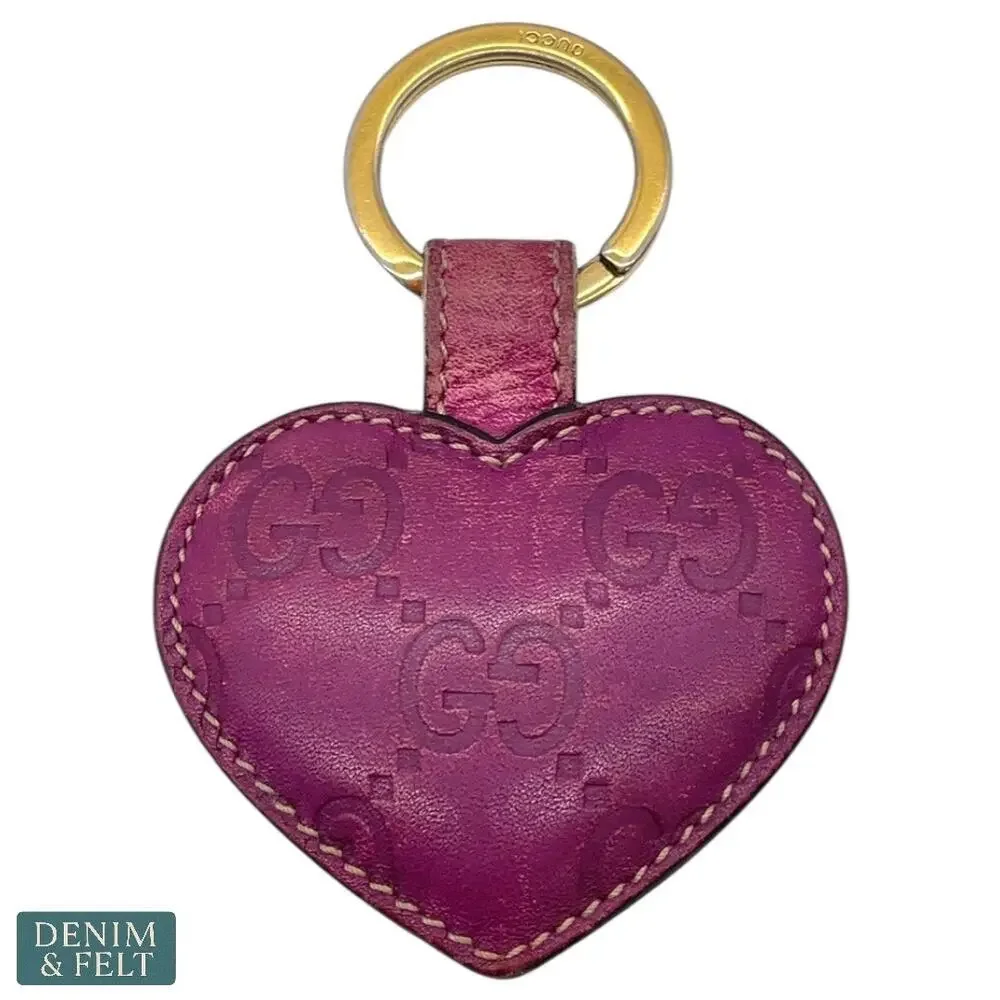Gucci Monogram Leather Heart Key Ring in Magenta Pink‎ with Gold Hardware
